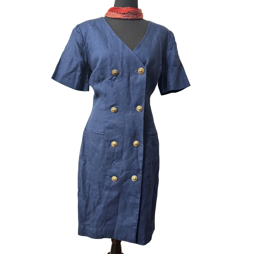 Y2K NY Sake Navy sailor Linen Double Breasted V Neck Sheath Dress Size 12